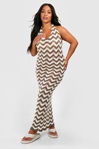 Boohoo Plus Stripped Halter Neck Wave Crochet Maxi Dress, Brown