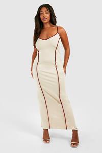 Boohoo Plus Cotton Elastance Contrast V Neck Maxi Dress, Stone