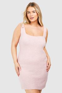 Boohoo Plus Gebreide Mini Jurk Met Vierkante Hals, Baby Pink