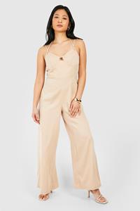 Boohoo Petite Wide Leg Jumpsuit Met Bandjes, Camel