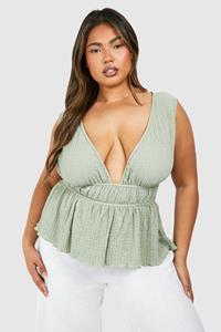 Boohoo Plus Textured Sleeveless Elasticated Peplum, Sage