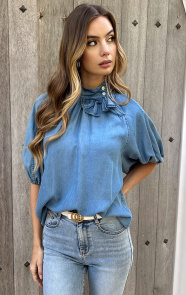 Jurkjes Pofmouwen Strik Blouse Becky Denim Blue