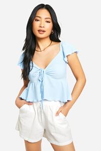 Boohoo Petite Waffle Frill Peplum Top, Blue