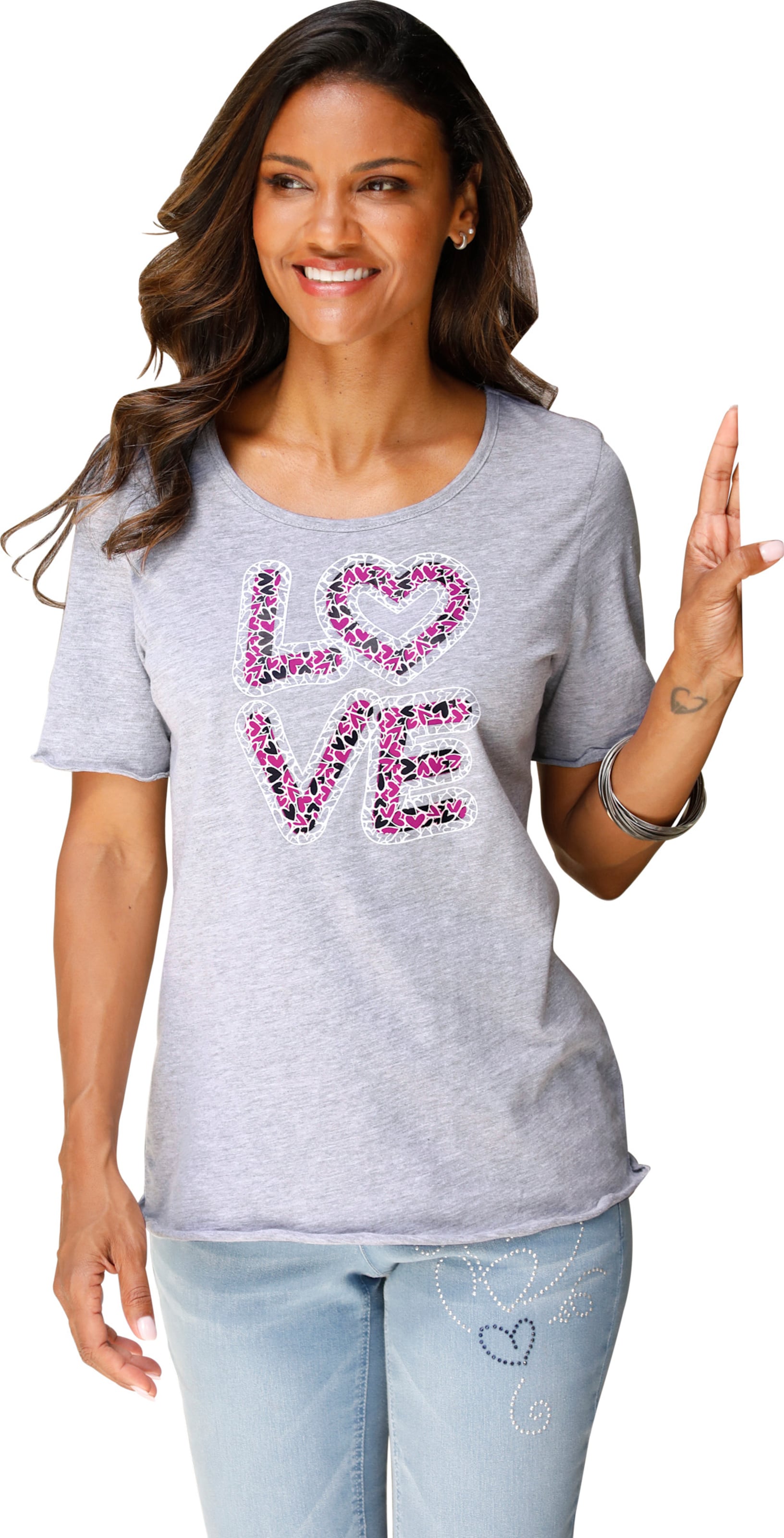 Your Look... for less! Dames Shirt met korte mouwen lichtgrijs/gemêleerd/magenta Maat