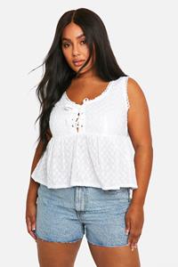 Boohoo Plus Tie Front Peplum Top, White