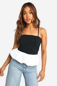 Boohoo Petite Strappy Contrast Puffball Peplum Top, Black_White