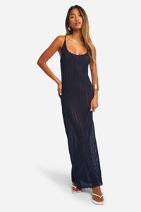 Boohoo Crochet Ladder Cowl Neck Knitted Maxi Dress, Navy