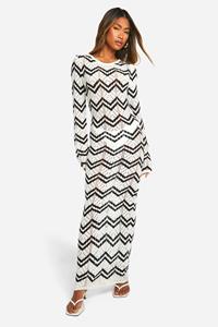 Boohoo Monochrome Zig Zag Crochet Maxi Dress, White