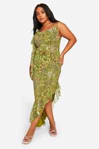 Boohoo Plus Snake Print Ruffle Maxi Dress, Green