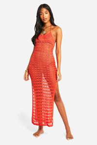 Boohoo Tall Crochet Knitted Strappy Beach Maxi Dress, Red