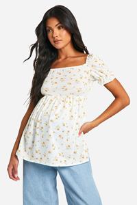 Boohoo Zwangerschap Gesmokte Jersey Bloemen Melkmeisjes Top Met Geplooide Zoom, White