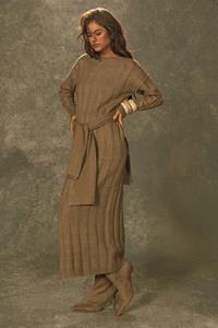 Boohoo Brede Zachte Geribbelde Gebreide Maxi Jurk, Mocha