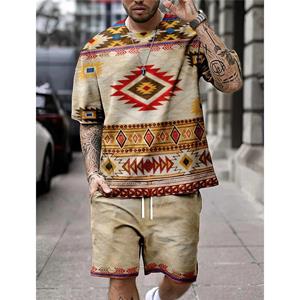 ETST 03 Zomer Vintage Bohemen Print Heren T-shirt Set O-hals Korte Mouwen Top En Shorts Alledaagse Straat Commuter Vrijetijdskleding Voor Mannen 2XL