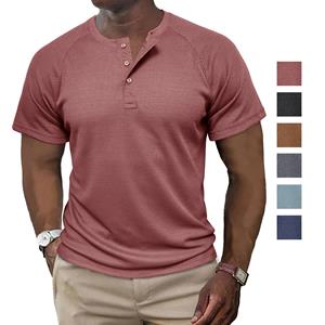 Bright Deer Henley-shirts voor heren met korte mouwen en ronde hals Gebreid T-shirt Zomertruien Casual vakantie-dagelijkse kleding S roestrode kleur