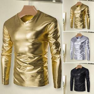 Kaileflf Heren top slim fit V-hals T-shirt met lange mouwen Trendy glanzende bronzing glanzende herenblouse voor feesten, podiumfeesten L zwart