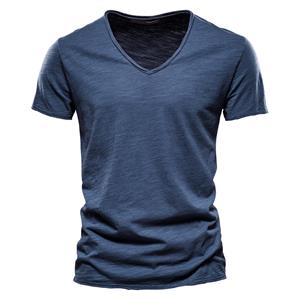 SSSN MEN Clothing Zomer heren nieuw effen slub katoenen T-shirt met V-hals en korte mouwen, puur katoen S grijs