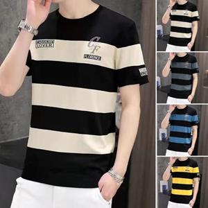 Meizhenchang Zomer Heren T-shirt Colorblock Gestreept Dun Ademend Korte Mouwen Losse O-hals Letterborduurwerk Plus Size Trui Casual Dagelijks Kantoor Top M donkergrijze kleur