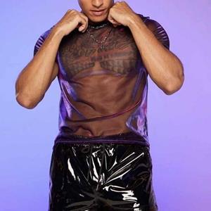 Western Cool Men Sexy See-through Mesh T-shirt Mannen Gouden Glitter O-hals Korte Mouw Tank Tops sneldrogende Bodybuilding Fitness Casual sport Tops 3XL paars