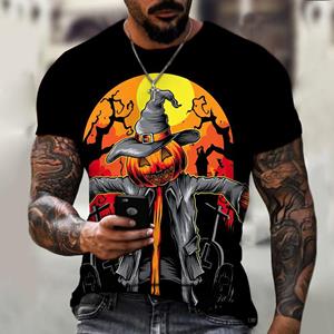 Subilier Zomer heren T-shirt Halloween Pompoen Ghost 3D Print Korte mouw Horror Losse Casual Harajuku Oversized Ademende T-shirts M