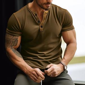 FEGKZLI Fashion Heren casual T-shirts met korte mouwen, knoop V-hals, vintage zomerspier-T-shirt voor heren S marineblauwe kleur