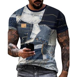 Chengyu Vintage T-shirt voor heren Patchwork Denim Grafische T-shirts 3D-print Korte mouw Casual T-shirt Oversized Herenkleding Tops 3XL