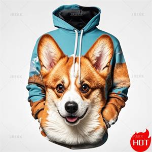 Etst 003 Vintage 3D schattige dieren Welsh Corgi print Nieuw binnen Hoodies & Sweatshirts Mode Corgi liefhebbers Streetwear Hooded Hoody Herenkleding S