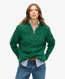 Superdry Vrouwen Gebreide Aran-kabeltrui met Halve Rits Groen