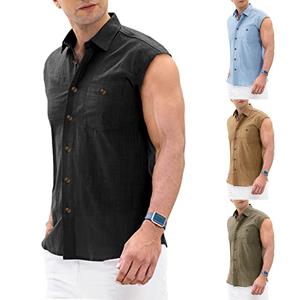 AKA004 Katoen Linnen Heren Shirt Mouwloos Mode Man Blouses 2022 Linnen Top Mannelijke Shirts Blouse Basic Hombres Tops Strand Mannen Kleding S zwart