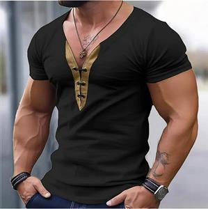 Tooyoo Heren casual T-shirts met korte mouwen, knoop V-hals, vintage zomerspier-T-shirt voor heren M lichtbruin