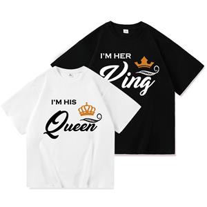 FEGKZLI Fashion 2023 Casual KONING KONINGIN Print Zomer Katoenen T-shirt Korte Mouw O Hals Losse Lovers T-shirt Vrouwen Mannen tops Tees S wit