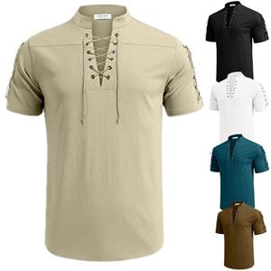 WowClassic Strandoverhemd voor heren, korte mouwen, hippie-T-shirt met veters, katoen-linnen bandage, piratenoverhemden met V-hals S wit