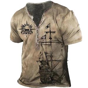 Xiao Xiang Vintage heren T-shirts 3D bedrukt schip korte mouw T-shirt oversized navigatie top henley shirt man kleding punk streetwear S