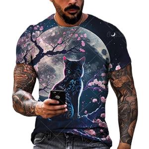 ETST 03 Vintage T-shirts Voor Mannen 3D Kat Gedrukt Korte Mouw Tops Zomer Mode Dieren T-shirt Straat Oversized T-shirt Heren kleding XS