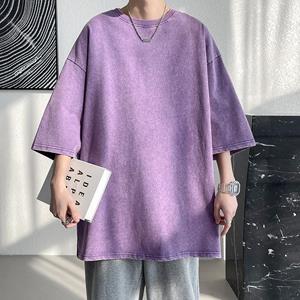 FEGKZLI Fashion Zware Stof Vintage Mannen Oversized Tees 2023 Zomer Korte Mouw Casual O Hals Man T-shirt Zuur Gewassen T-shirts Tops XL paars