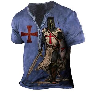 TIP723 Vintage T-shirt voor heren 3D-print Knight Henley-shirt V-hals korte mouwen oversized tops T-shirt herenkleding streetwear L