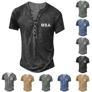 Niubiplus Heren T-shirt met print, outdoor, retro knoop, losse top met korte mouwen L zwart