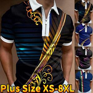Happy Show Casual Revers T-shirt Jonge Mannen Mode Rits T-shirt Korte Mouw T-shirt Mannen 3D Gouden Bloemenprint T-shirt XS blauw