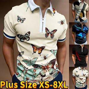 Happy Show Casual Revers T-shirt Jonge Mannen Mode Rits T-shirt Korte Mouw T-shirt Mannen 3D Vliegende Vlinder Print T-shirt XS beige