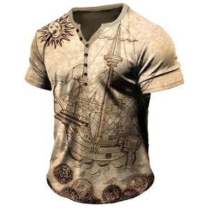 TIP723 Vintage T-shirt voor mannen 3D-kompasprint Henley-shirt Gothic V-hals met korte mouwen Oversized tops Tees Punk streetwear zomer 5XL