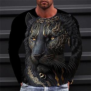 Nihao Herfst Plus Size T-shirt Herenkleding Heren T-shirt 3D Dierenprint O-hals Lange Mouw Top Casual Straat Vintage T-shirt XL