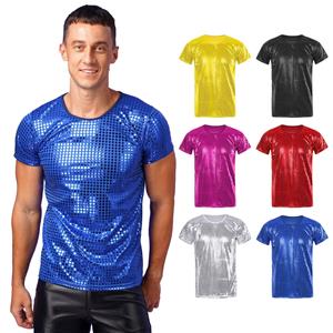 IEFiEL Herendans-T-shirt Sparkle Sequin Tops Ronde hals Korte mouw Prestatietops Nachtclub Festivals Kostuums Clubwear S zwart