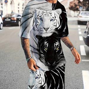 ETST WENDY 005 Tijger 3D-patroon, 2-delige herenoutfits, comfortabel T-shirt met korte mouwen en casual shorts voor de zomer, herenkleding S