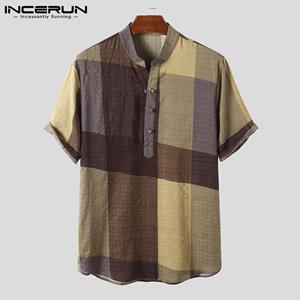 INCERUN Zomer Herenmode Katoenen Geruite Shirts Dragen Korte Mouwen Casual Losse Tops Plus Size S rood