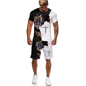 ETST 03 3D Jezus houdt van iedereen Christelijke T-shirt Zomer Herenpak Korte mouw Shorts Lion Cross Print Streetwear 2-delige Activewear 6XL