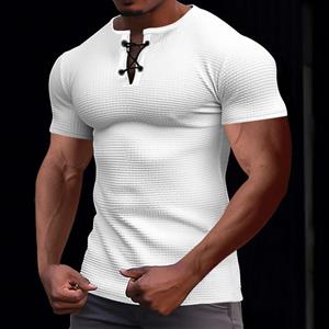 HerSight Zomersporttop Heren Vrije tijd Mode Slim Fit Ademend Heren T-shirt met korte mouwen Heren Vastgebonden V-hals Henley-shirt S wit