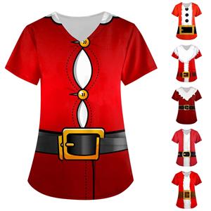 Xingben Two Damesmode V-hals Korte Mouw Werkkleding Met Zakken Kerst Bedrukte Tops L cinnaber