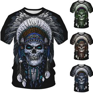 Happy Show Nieuwe zomer herenmode T-shirt persoonlijkheid skelet veren bedrukt heren T-shirt top XS blauw