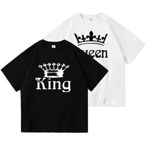 FEGKZLI Fashion 2023 Casual KONING KONINGIN Print Zomer Katoenen T-shirt Korte Mouw O Hals Losse Lovers T-shirt Vrouwen Mannen tops Tees S wit