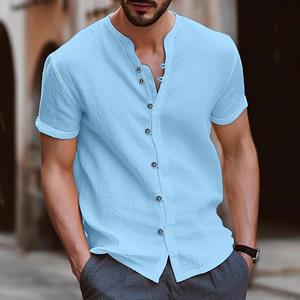 ForYourBeauty Zomer Heren Casual Wit Zwart Shirt Heren Katoenen Tops Button Up V-hals Effen Shirts M zwart