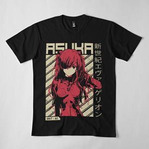 FT T Shirts Mannen Premium Katoen Harajuku T-Shirt Evangelion Asuka Poster Anime Shirt Print Tees Grappige Stijl Ronde Hals Katoen Tshirt Casual T-Shirts S zwart